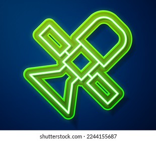 Glowing neon line Satellite icon isolated on blue background.  Vector