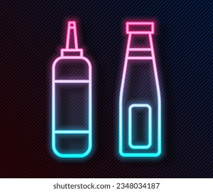 Glowing neon line Sauce bottle icon isolated on black background. Ketchup, mustard and mayonnaise bottles with sauce for fast food.  Vector Illustration