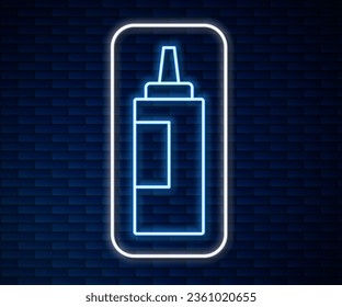 Glowing neon line Sauce bottle icon isolated on brick wall background. Ketchup, mustard and mayonnaise bottles with sauce for fast food.  Vector