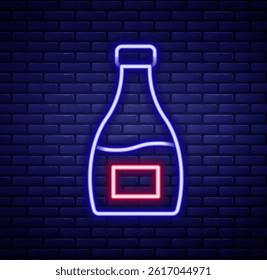 Glowing neon line Sauce bottle icon isolated on brick wall background. Ketchup, mustard and mayonnaise bottles with sauce for fast food. Colorful outline concept. Vector