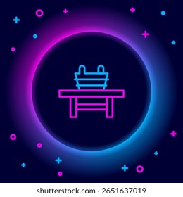Linha de neon brilhante Sauna banco com ícone de balde isolado no fundo preto. Conceito de contorno colorido. Vetor