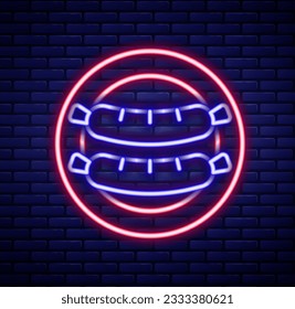 Glowing neon line Sausage icon isolated on brick wall background. Grilled sausage and aroma sign. Colorful outline concept. Vector