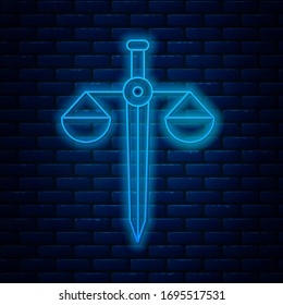 Glowing neon line Scales of justice icon isolated on brick wall background. Court of law symbol. Balance scale sign.  Vector Illustration