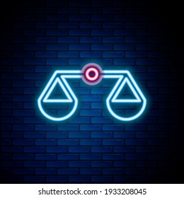 Glowing neon line Scales of justice icon isolated on brick wall background. Court of law symbol. Balance scale sign. Colorful outline concept. Vector