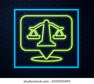 Glowing neon line Scales of justice icon isolated on brick wall background. Court of law symbol. Balance scale sign.  Vector