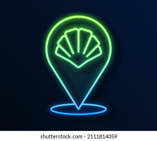 Glowing neon line Scallop sea shell icon isolated on blue background. Seashell sign.  Vector