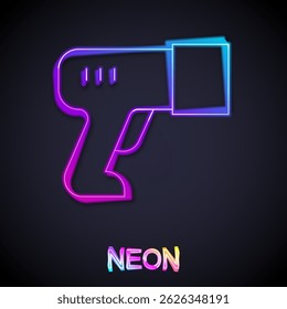 Glowing neon line Scanner scanning bar code icon isolated on black background. Barcode label sticker. Identification for delivery with bars.  Vector