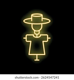 Glowing neon line scarecrow standing in the field icon isolated on black background vector illustration