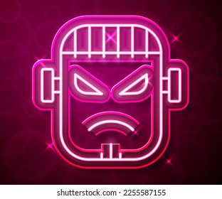 Glowing neon line Scary monster - Frankenstein face icon isolated on red background. Happy Halloween party.  Vector