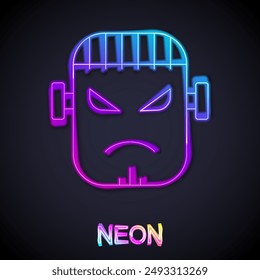 Glowing neon line Scary monster - Frankenstein face icon isolated on black background. Happy Halloween party.  Vector