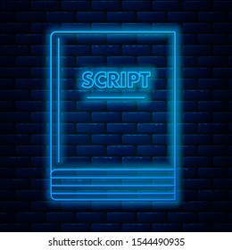 Glowing neon line Scenario icon isolated on brick wall background. Script reading concept for art project, films, theaters.  Vector Illustration