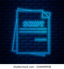 Glowing neon line Scenario icon isolated on brick wall background. Script reading concept for art project, films, theaters.  Vector Illustration