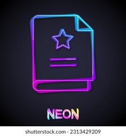 Glowing neon line Scenario icon isolated on black background. Script reading concept for art project, films, theaters.  Vector