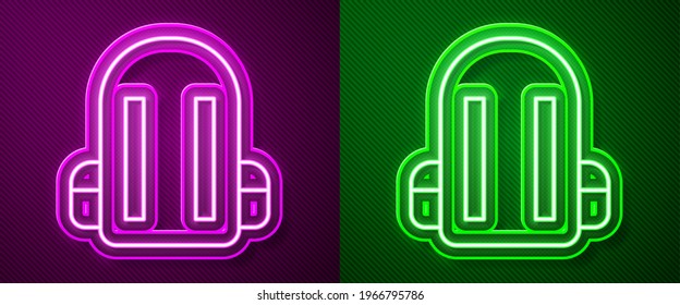 Glowing neon line School backpack icon isolated on purple and green background.  Vector Illustration