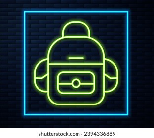 Glowing neon line School backpack icon isolated on brick wall background.  Vector