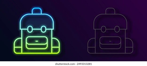 Glowing neon line School backpack icon isolated on black background.  Vector