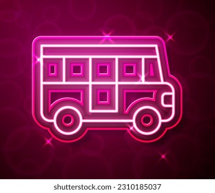 Glowing neon line School Bus icon isolated on red background. Public transportation symbol.  Vector