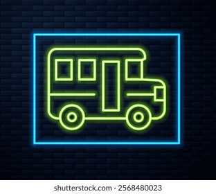 Glowing neon line School Bus icon isolated on brick wall background. Public transportation symbol.  Vector