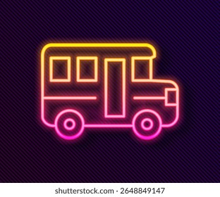 Glowing neon line School Bus icon isolated on black background. Public transportation symbol.  Vector