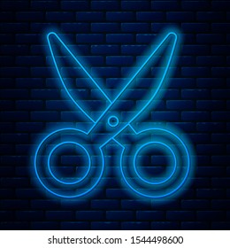 Glowing neon line Scissors icon isolated on brick wall background. Cutting tool sign.  Vector Illustration