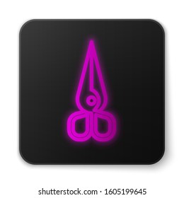 Glowing neon line Scissors icon isolated on white background. Cutting tool sign. Black square button. Vector Illustration