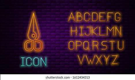 Glowing neon line Scissors icon isolated on brick wall background. Cutting tool sign. Neon light alphabet. Vector Illustration
