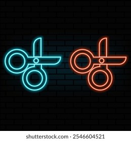 Glowing neon line Scissors icon isolated on brick wall background. Cutting tool sign. Vector Illustration.