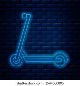 Glowing neon line Scooter icon isolated on brick wall background.  Vector Illustration