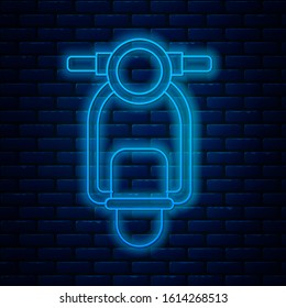 Glowing neon line Scooter icon isolated on brick wall background.  Vector Illustration