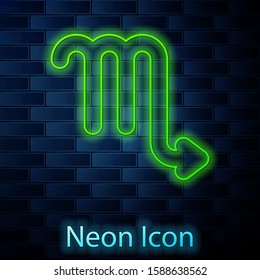Glowing neon line Scorpio zodiac sign icon isolated on brick wall background. Astrological horoscope collection.  Vector Illustration