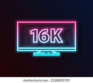 Glowing neon line Screen tv with 16k Ultra HD video technology icon isolated on black background.  Vector Illustration