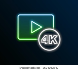 Glowing neon line Screen tv with 4k Ultra HD video technology icon isolated on black background. Colorful outline concept. Vector
