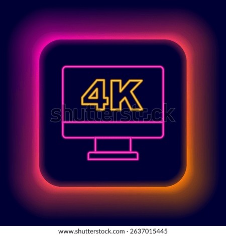 Glowing neon line Screen tv with 4k Ultra HD video technology icon isolated on black background. Colorful outline concept. Vector