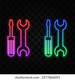 Glowing neon line Screwdriver and wrench tools icon isolated on black background. Service Tool Symbol.