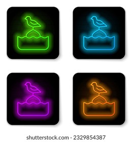 Glowing neon line Seagull sits on a buoy in the sea icon isolated on white background. Black square button. Vector