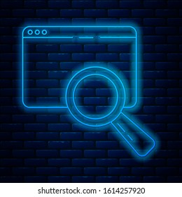 Glowing neon line Search in a browser window icon isolated on brick wall background.  Vector Illustration