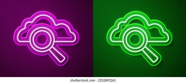 Glowing neon line Search cloud computing icon isolated on purple and green background. Magnifying glass and cloud.  Vector