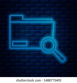 Glowing neon line Search concept with folder icon isolated on brick wall background. Magnifying glass and document. Data and information sign.  Vector Illustration