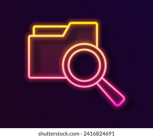 Glowing neon line Search concept with folder icon isolated on black background. Magnifying glass and document. Data and information sign.  Vector