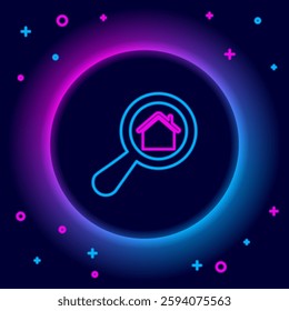 Glowing neon line Search house icon isolated on black background. Real estate symbol of a house under magnifying glass. Colorful outline concept. Vector