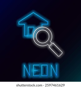 Glowing neon line Search house icon isolated on black background. Real estate symbol of a house under magnifying glass. Colorful outline concept. Vector