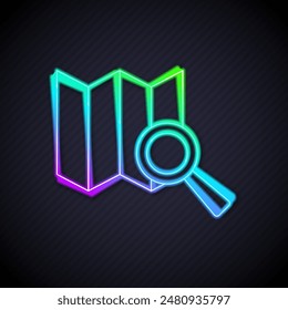 Glowing neon line Search location icon isolated on black background. Magnifying glass with pointer sign.  Vector