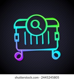 Glowing neon line Searching for food in trash can on streets outdoors icon isolated on black background. Homelessness and poverty concept.  Vector