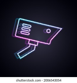 Línea de neón brillante Icono de cámara de seguridad aislado en fondo negro.  Vector