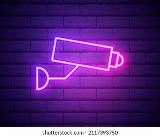 Glowing neon line Security camera icon isolated on brick wall background. Colorful outline concept. Vector.