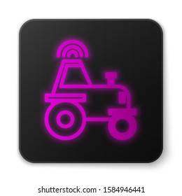 Glowing neon line Self driving wireless tractor on a smart farm icon isolated on white background. Smart agriculture implement element. Black square button. Vector Illustration