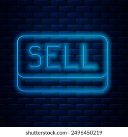 Icono de Botón de venta de línea de neón brillante aislado en el fondo de la pared de ladrillo. Concepto financiero y de mercado de valores.  Vector