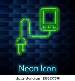 Glowing neon line Sensor icon isolated on brick wall background.  Vector Illustration
