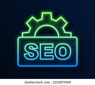 Glowing neon line SEO optimization icon isolated on blue background.  Vector