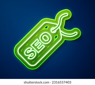 Glowing neon line SEO optimization icon isolated on blue background.  Vector